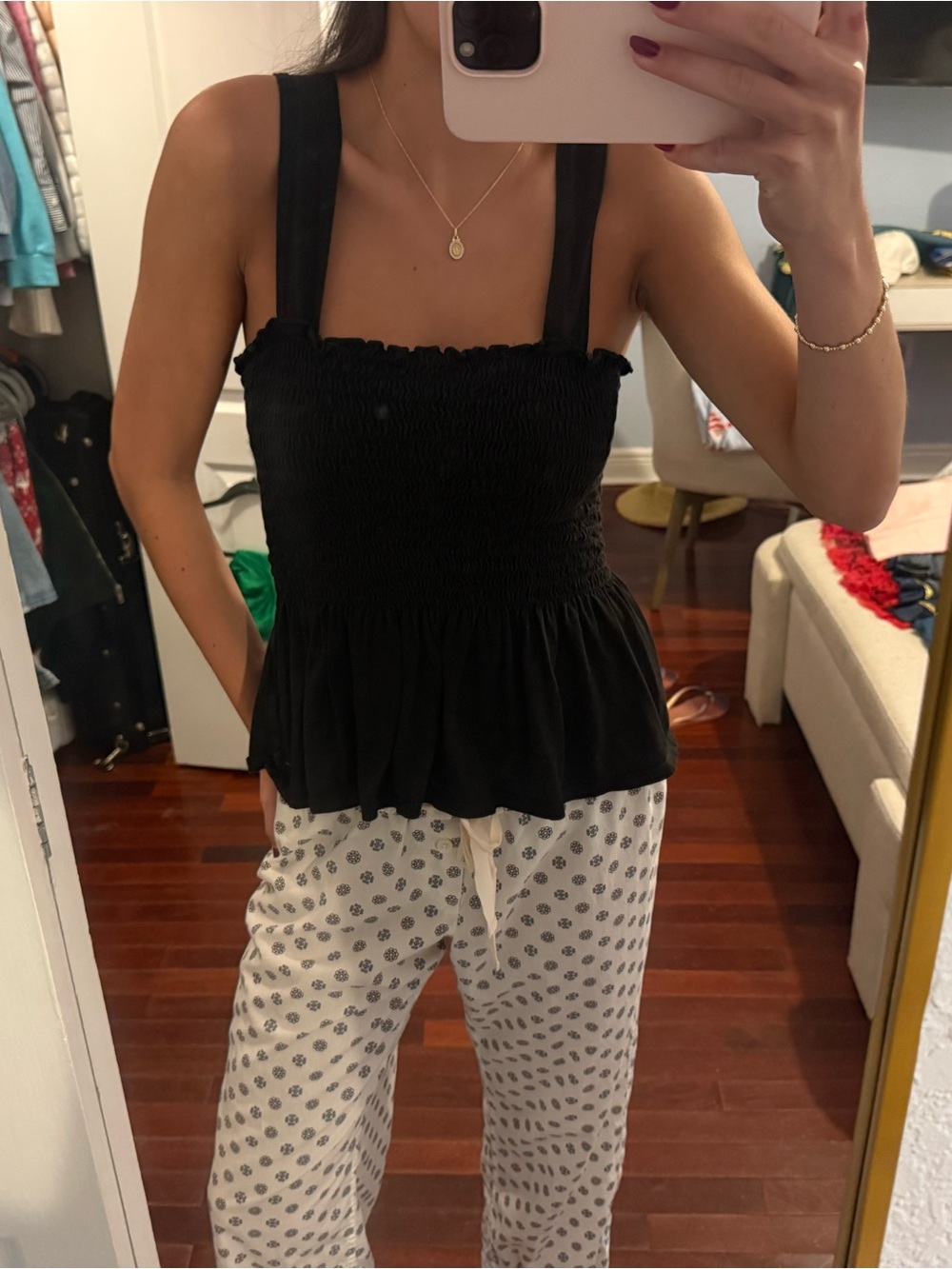 Black Smocked Peplum Tank Top
